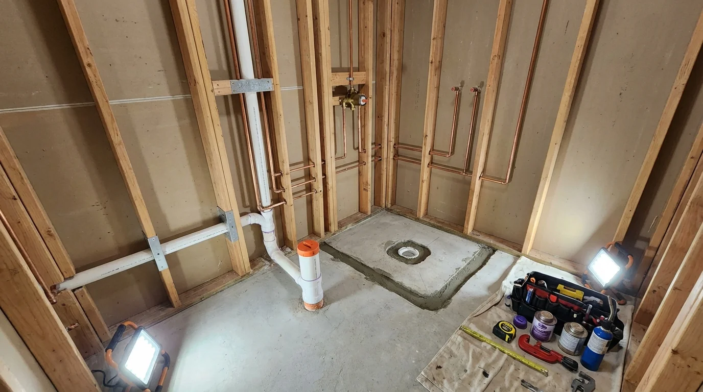 Bathroom rough-in plumbing during remodel by Johns Plumbing LLC in Valley Cottage
