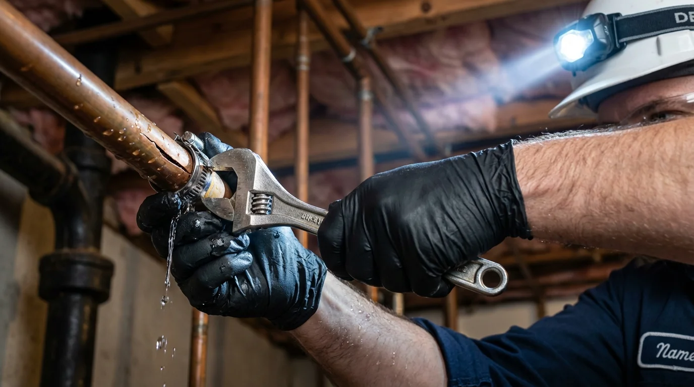 Emergency pipe clamp repair being performed by a Johns Plumbing LLC plumber in Valley Cottage
