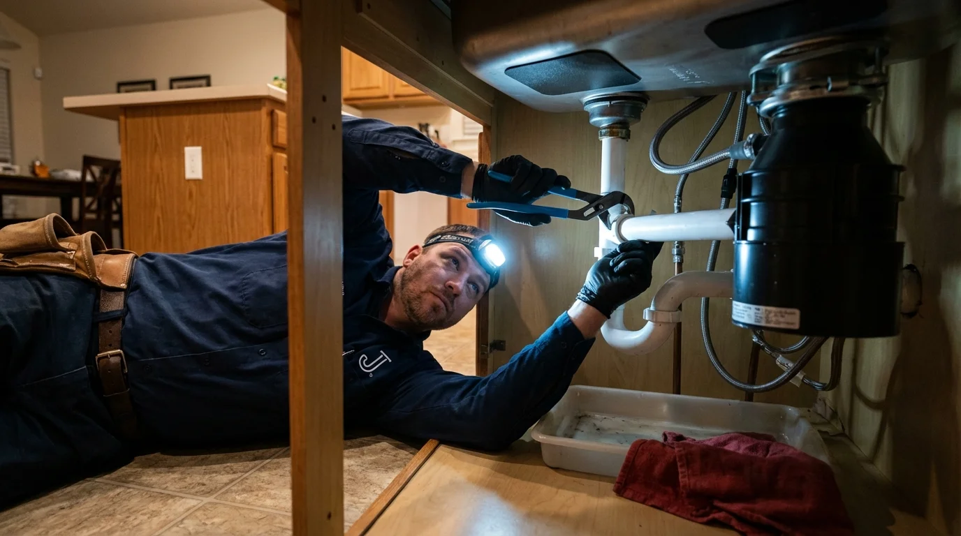 P-trap and supply line connections under a kitchen sink showing a common leak point in Valley Cottage, NY